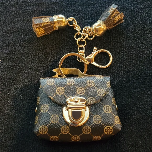 Elegant Earbud Miniture Handbag Carring Case Brown and Goldtone Keychain - Picture 3 of 8